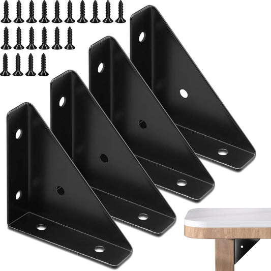 4Pcs Corner Bracket Black Angle Bracket Corner Brace, Metal Corner Brackets Triangle Corner Shelf Bracket, 66mm × 66mm Corner Braces for Wood, Table Cabinet Bed Corner Support Connector with Screws