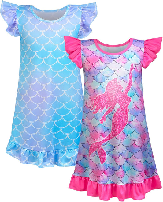 2pcs Girls Nightgowns Unicorn Mermaid Pajamas for Toddler Girls Princess Nightgown Sleepwear for Kids 3-9 Years