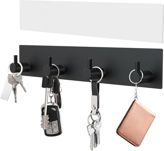 Key Holder Wall Mount, Large Metal Self Adhesive Key Hanger with 4 Hooks, No Drilling, Extra Adhesive Strip, Black
