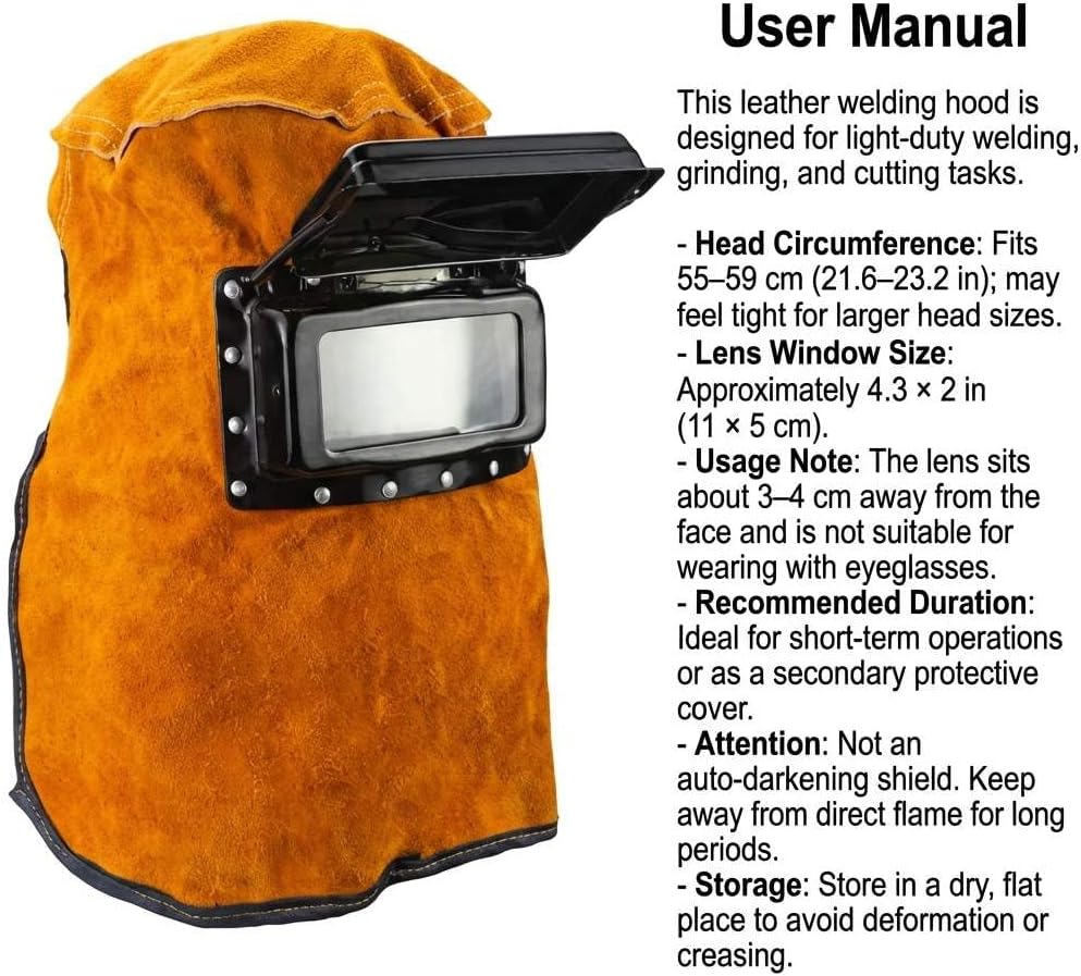 Welding Helmet Mask with Flip Open Lens, Leather Welding Hood Grinding Protective Gear Work Cap Head Face Neck Shield, Flame & Heat Resistant, Dust Resistant, Breathable