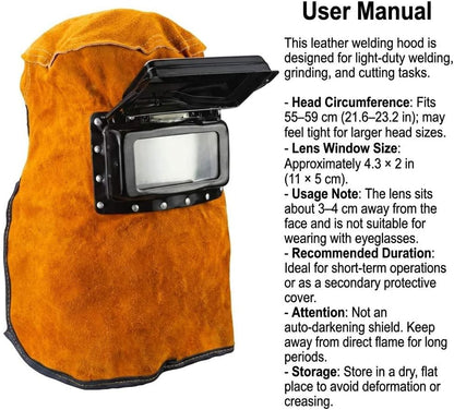Welding Helmet Mask with Flip Open Lens, Leather Welding Hood Grinding Protective Gear Work Cap Head Face Neck Shield, Flame & Heat Resistant, Dust Resistant, Breathable