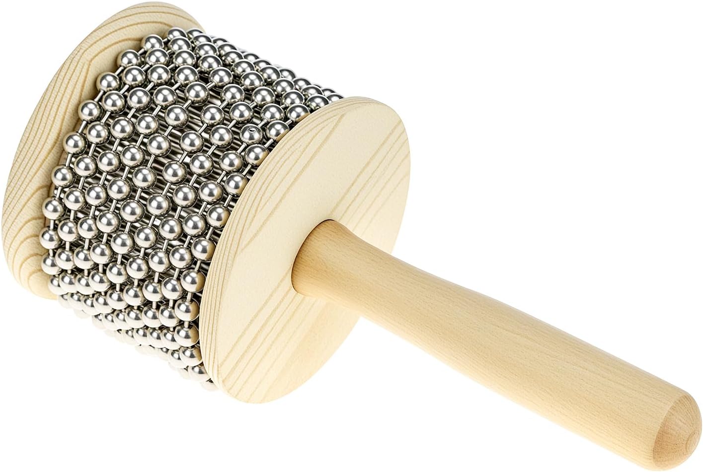 Wooden Cabasa Percussion Musical Instrument, 3.5 Inch Stainless Steel Beaded Shaker with Wooden Handle, Professional Rhythm Maker, 3.54" x 7.28"