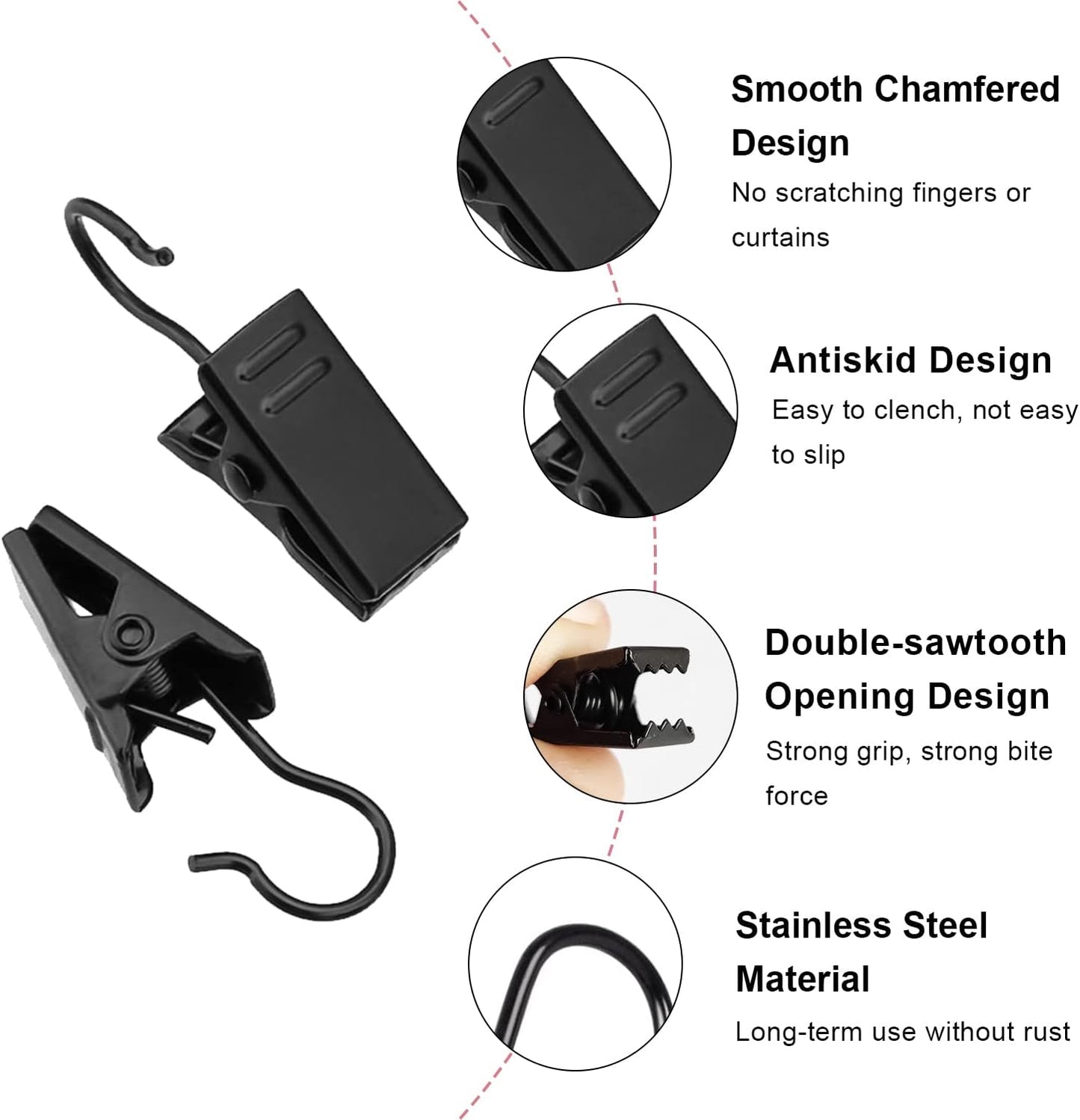 Small Curtain Clips for Hanging - 60 Pack Black Outdoor Light Clips Hooks for Christmas String Lights, Outside Hangers for Awning Patio Metal Proof, Drape Track
