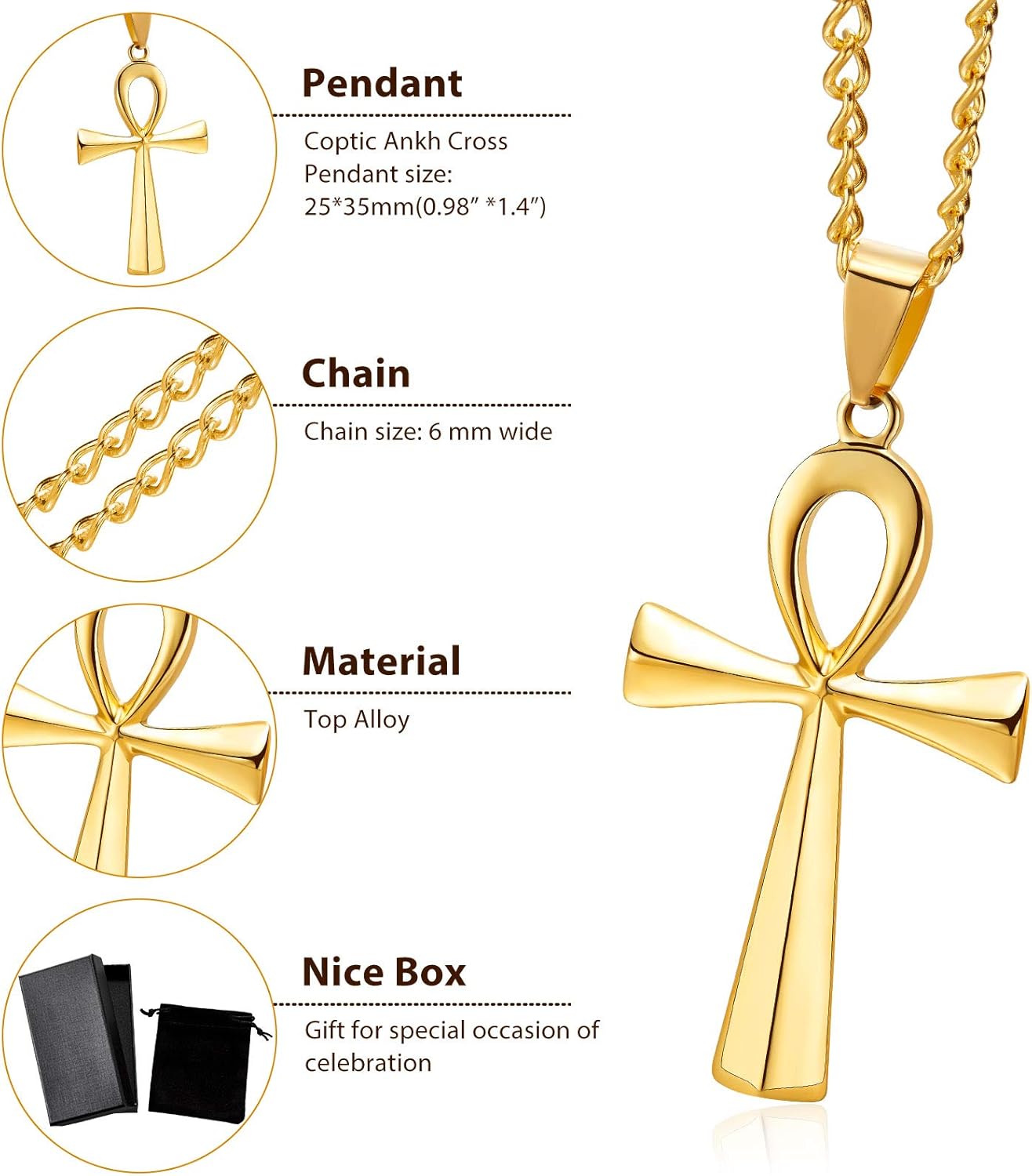 3 Pieces Men's Stainless Steel Ankh Pendant Necklace, Black, Gold, Silver