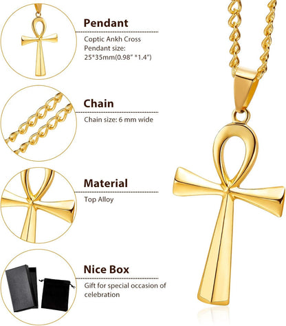 3 Pieces Men's Stainless Steel Ankh Pendant Necklace, Black, Gold, Silver
