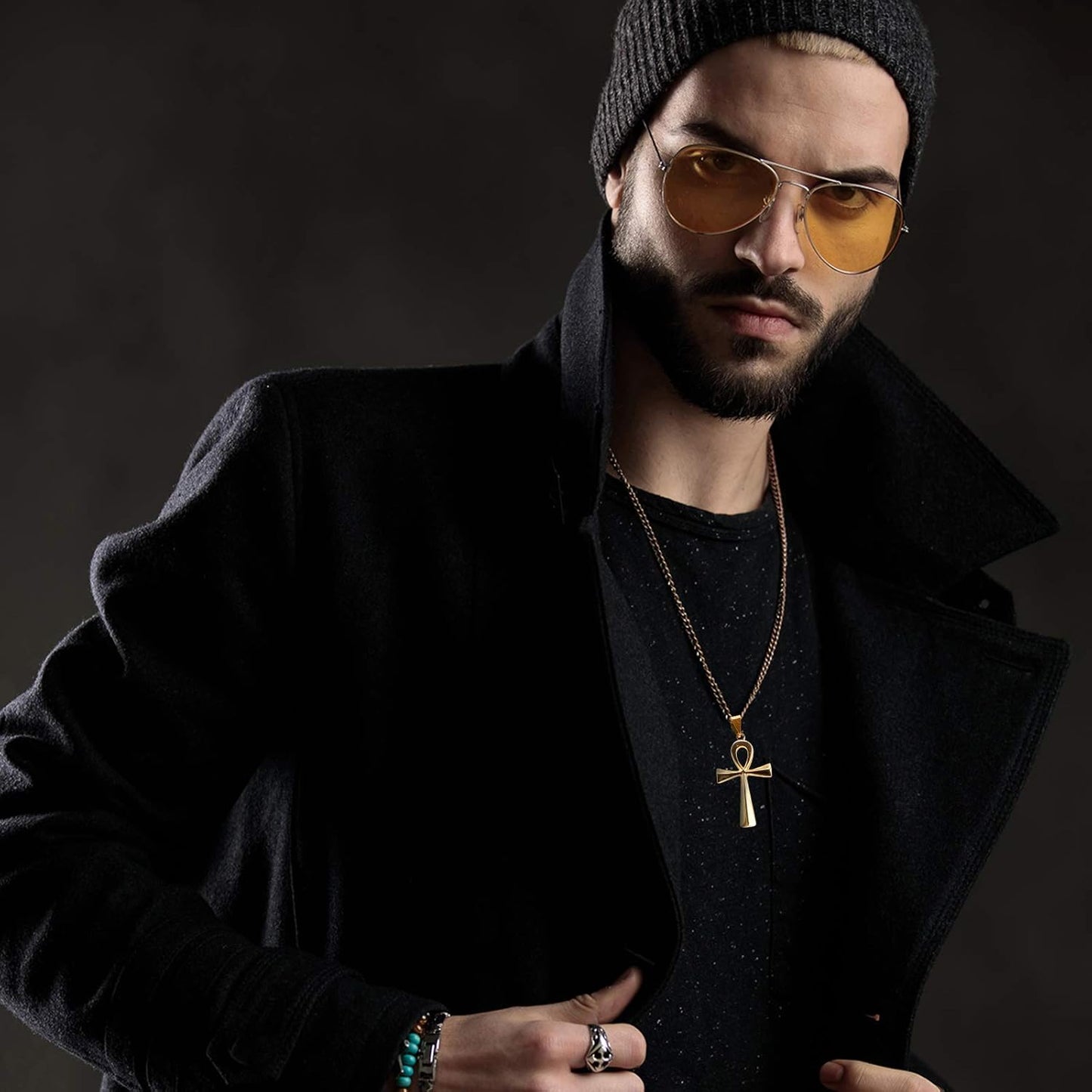 3 Pieces Men's Stainless Steel Ankh Pendant Necklace, Black, Gold, Silver