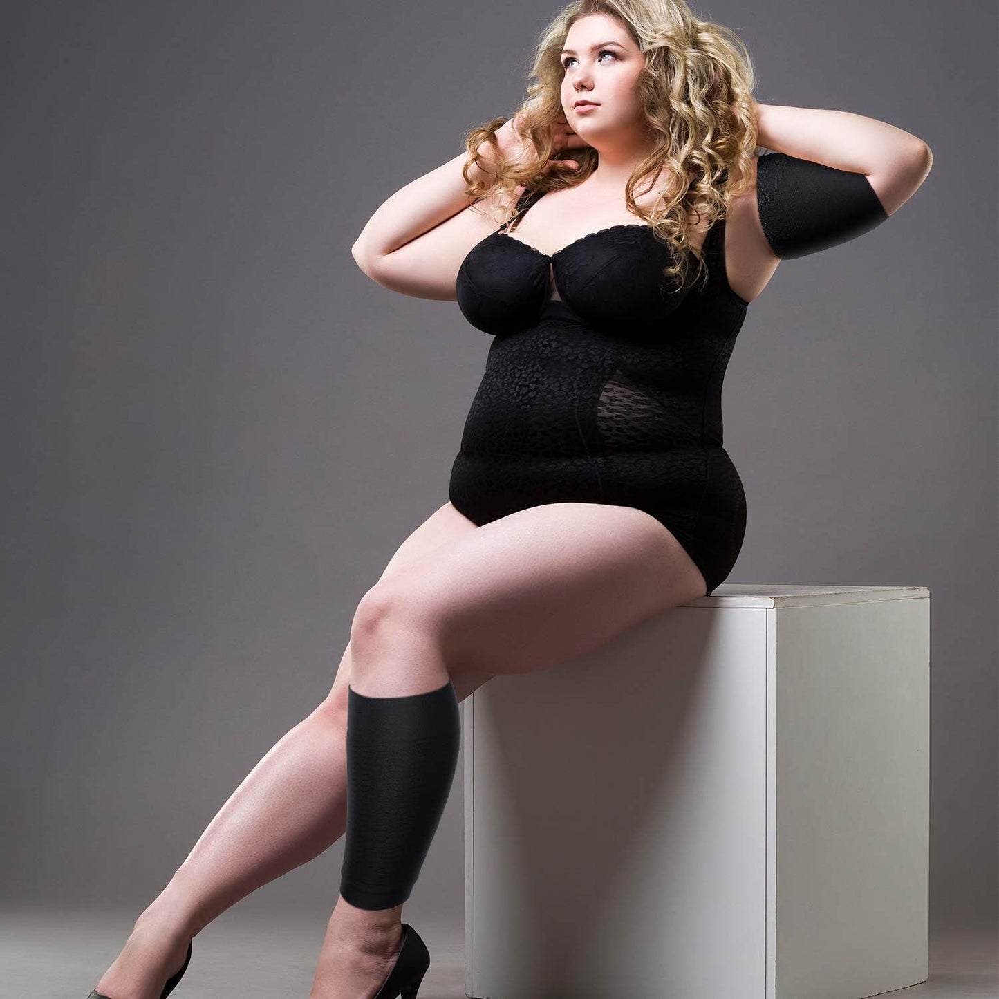 2 Pairs Women Arm Shapers Plus Size Slimming Compression Sleeve Slim Upper Flabby Arm Wrap and 1 Pair Calf Compression Sleeves, Suitable for Circumference 7 to16 Inches
