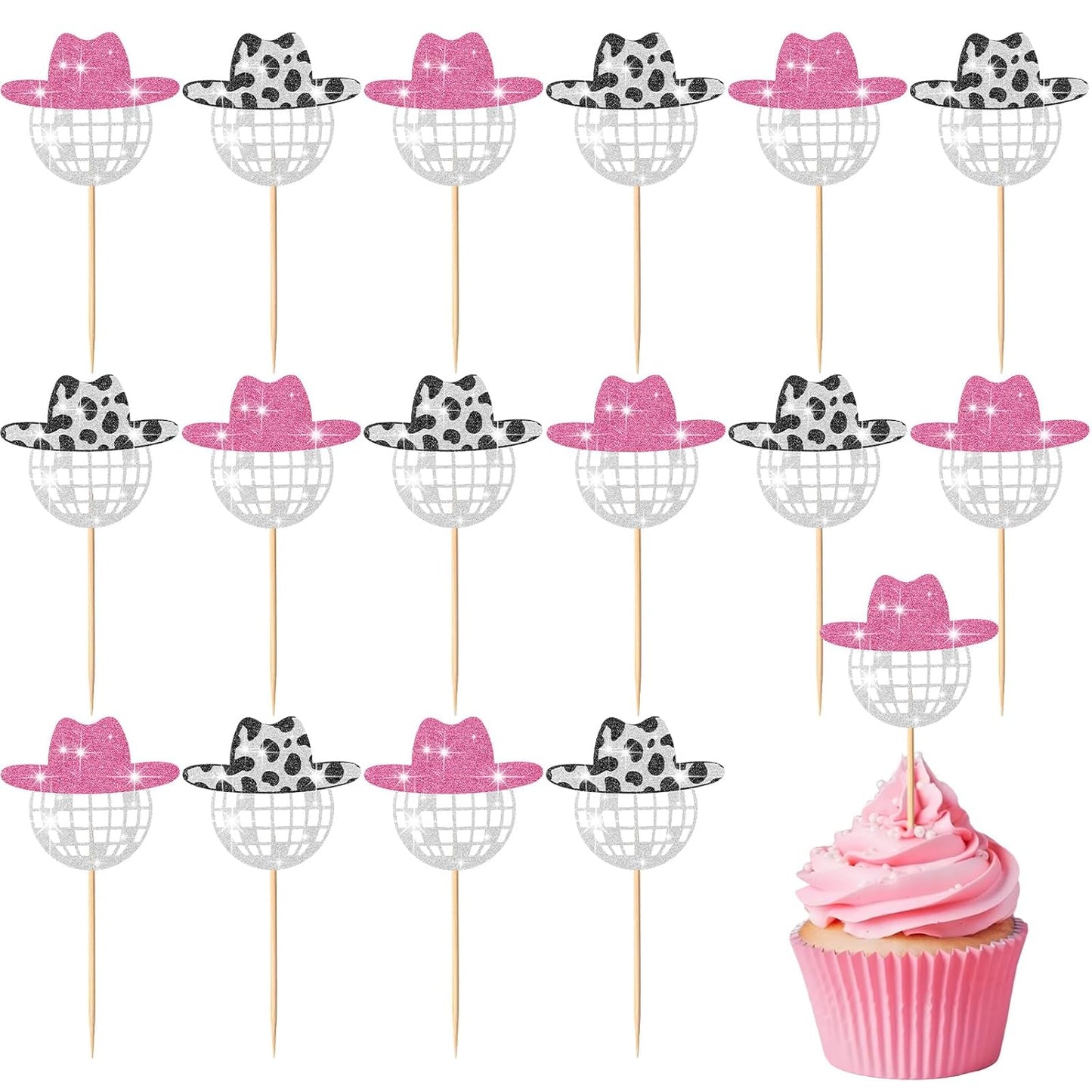 60 Pcs Glitter Disco Ball Cupcake Topper Cowboy Hat Cake Decorations Mini Cowgirl Party Decorations with Picks for Birthday Disco 2000s Theme Party(Simple)
