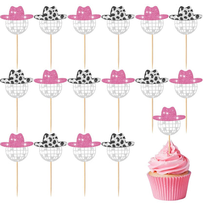 60 Pcs Glitter Disco Ball Cupcake Topper Cowboy Hat Cake Decorations Mini Cowgirl Party Decorations with Picks for Birthday Disco 2000s Theme Party(Simple)