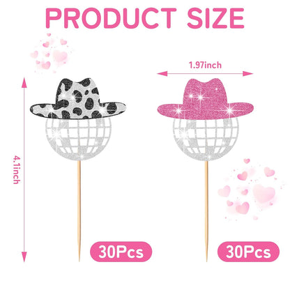 60 Pcs Glitter Disco Ball Cupcake Topper Cowboy Hat Cake Decorations Mini Cowgirl Party Decorations with Picks for Birthday Disco 2000s Theme Party(Simple)