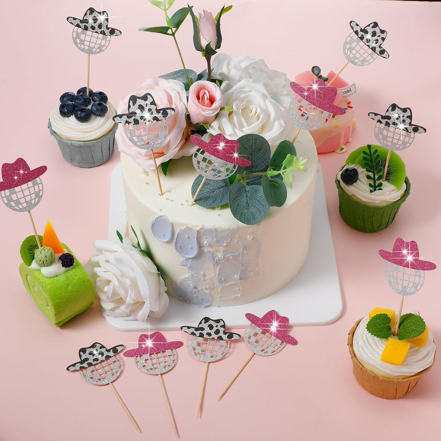 60 Pcs Glitter Disco Ball Cupcake Topper Cowboy Hat Cake Decorations Mini Cowgirl Party Decorations with Picks for Birthday Disco 2000s Theme Party(Simple)