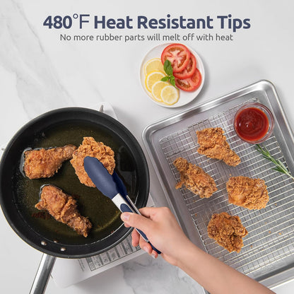 480ºF Heat Proof Kitchen Tong:  7" Silicone Cooking Tong with Firm Sealed Non Stick Rubber Tips & Silicon Coated 18/8 Stainless Steel Handle & Smooth Locking for Serving Salad (Midnight Blue)