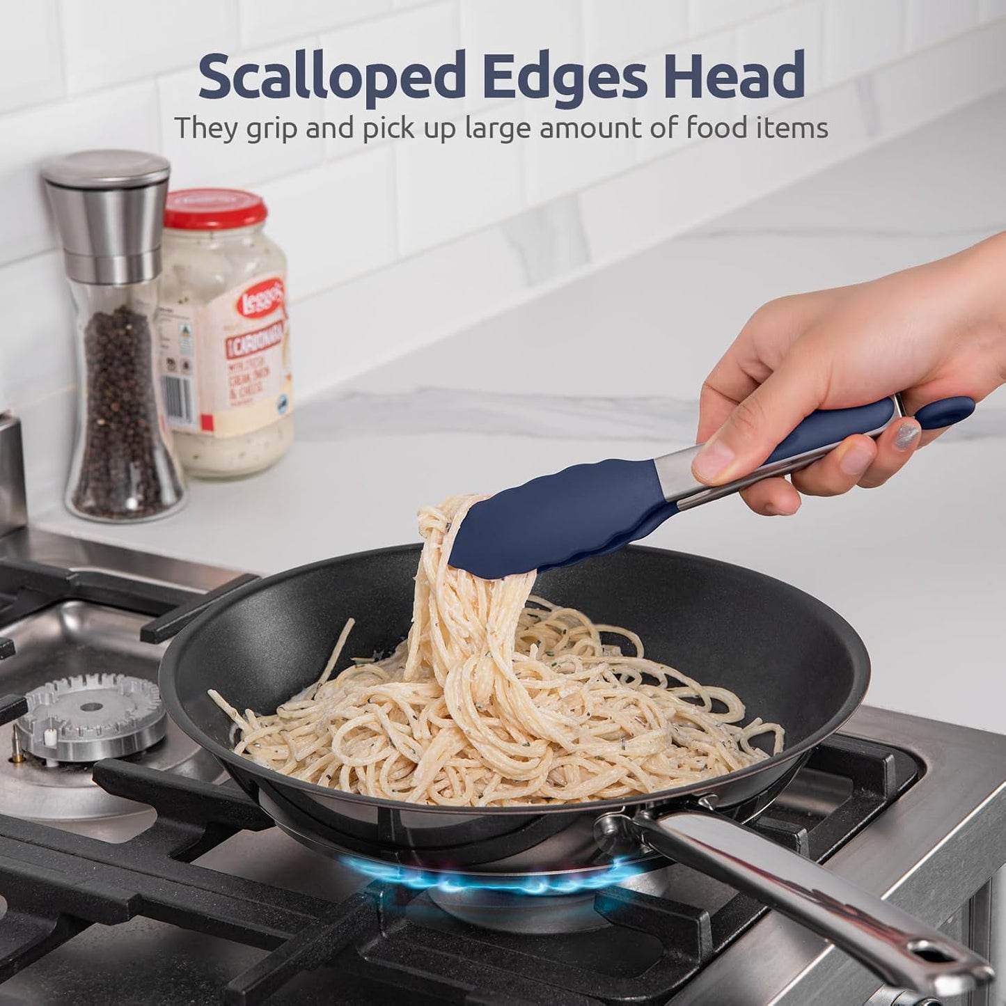 480ºF Heat Proof Kitchen Tong:  7" Silicone Cooking Tong with Firm Sealed Non Stick Rubber Tips & Silicon Coated 18/8 Stainless Steel Handle & Smooth Locking for Serving Salad (Midnight Blue)