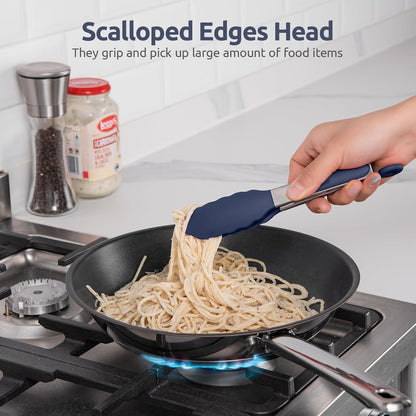 480ºF Heat Proof Kitchen Tong:  7" Silicone Cooking Tong with Firm Sealed Non Stick Rubber Tips & Silicon Coated 18/8 Stainless Steel Handle & Smooth Locking for Serving Salad (Midnight Blue)