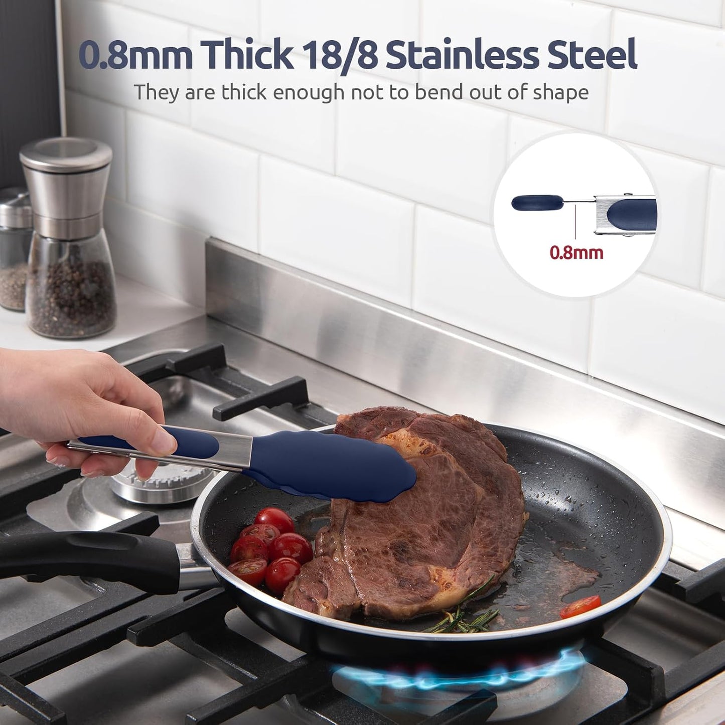 480ºF Heat Proof Kitchen Tong:  7" Silicone Cooking Tong with Firm Sealed Non Stick Rubber Tips & Silicon Coated 18/8 Stainless Steel Handle & Smooth Locking for Serving Salad (Midnight Blue)