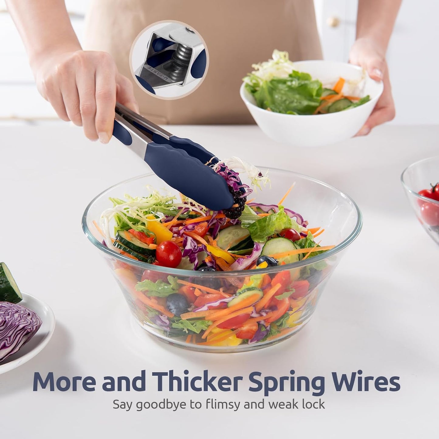 480ºF Heat Proof Kitchen Tong:  7" Silicone Cooking Tong with Firm Sealed Non Stick Rubber Tips & Silicon Coated 18/8 Stainless Steel Handle & Smooth Locking for Serving Salad (Midnight Blue)