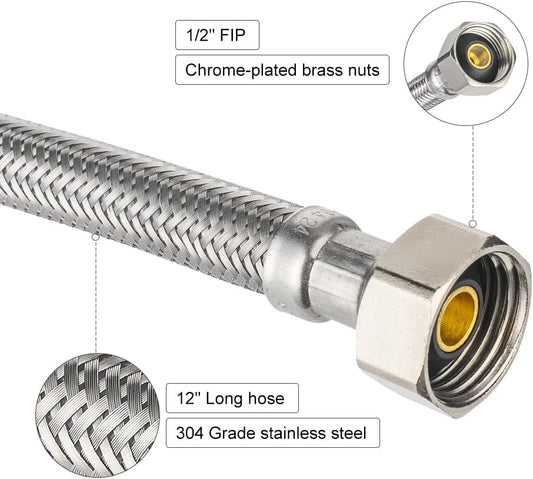2-Pack  Faucet Supply Lines, 1/2" FIP x 3/8" COMP Faucet Hose, 12-inch length Stainless Steel Braided Supply Line,(HOSE043)