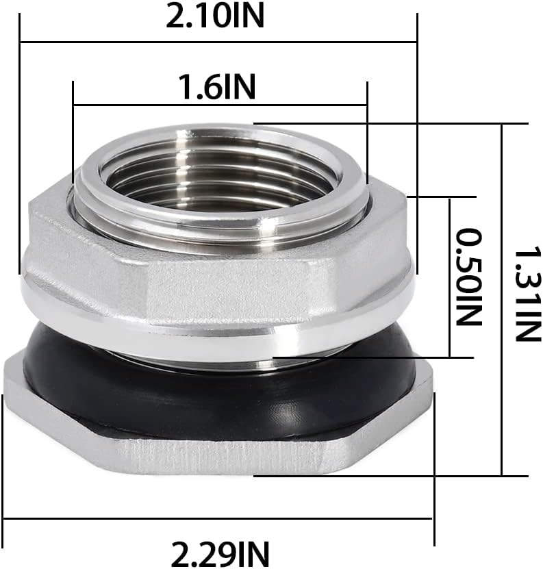 1" Female Bulkhead Water Tank Connector Stainless Steel Thru-bulk Fitting