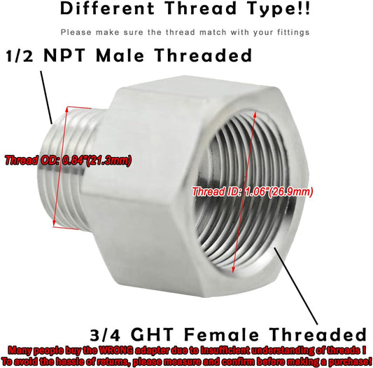 Stainless Steel Garden Hose Adapter, 3/4" GHT Female x 1/2" NPT Male Connector