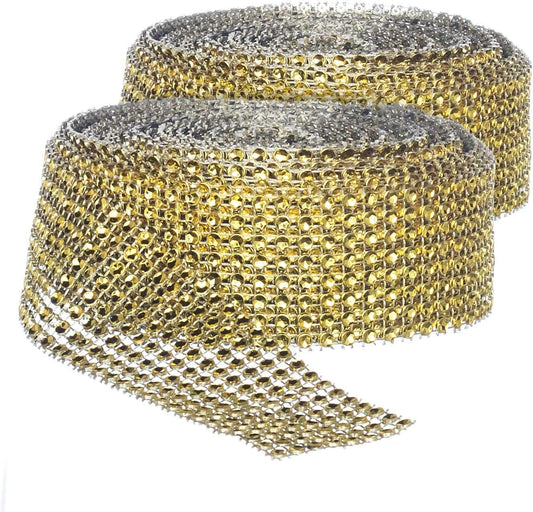 Rhinestone Diamond Bling Wrap Ribbon for Wedding Cake, Party, Holiday & Home Decoration, Gold 8-Rows, (2 Rolls) 10 YDS EA.