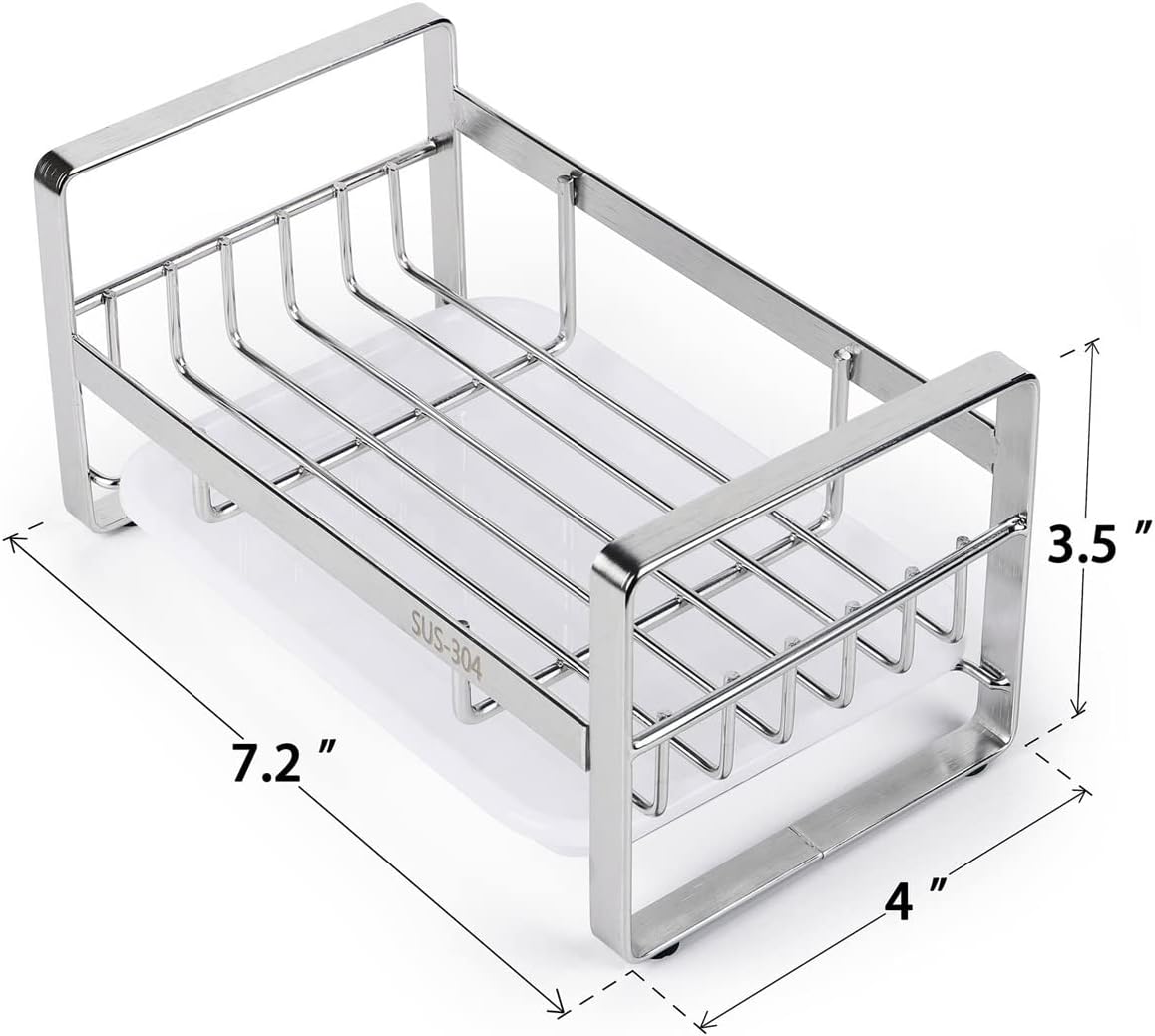 Kitchen Sink Sponge Holder, 304 Stainless Steel Kitchen Soap Dispenser Caddy Organizer, Countertop Soap Dish Rack Drainer with Removable Drain Tray, not Including Dispenser and Brush