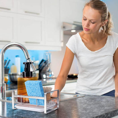 Kitchen Sink Sponge Holder, 304 Stainless Steel Kitchen Soap Dispenser Caddy Organizer, Countertop Soap Dish Rack Drainer with Removable Drain Tray, not Including Dispenser and Brush