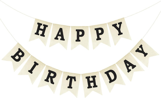 Happy Birthday Banner - NO DIY Black Burlap Happy Birthday Banner Sign Happy Birthdays Party Decoration Happy Birthdays Banners Bunting for Women Men Girl Boy Celebration Party Backdrops