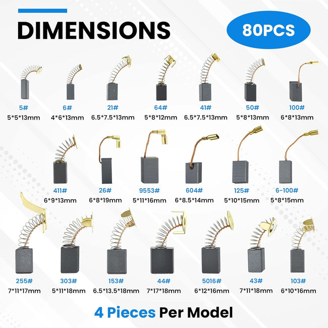 80Pcs Electric Motor Carbon Brushes Set, 20 Different Models Carbons Brushes, Carbon Brush Replacement for Carbons Brush Motor Maintenance Main Image
