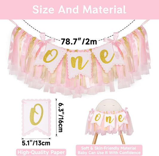 1st Highchair Banner Birthday Girl - NO DIY First Birthday Highchair Banner Pink One Year Old Birthdays Party Decoration 1st Highchair Garland Decoration for Princess Fairy Baby Photo Prop Party Decor