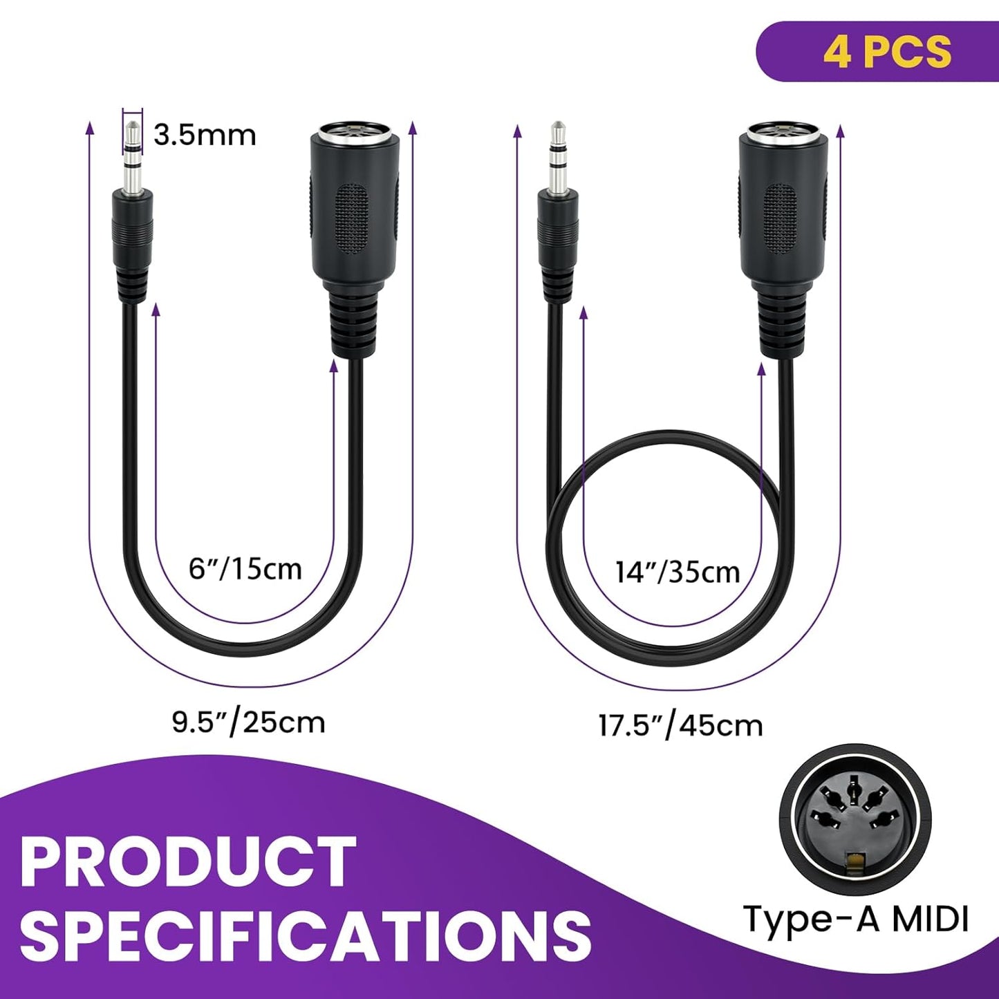 4Pcs Type-A MIDI to 3.5mm Adapter | Include 14" & 6" TRS 3.5mm Male to MIDI Female 5 Pin DIN Breakout Cable | Ultra-Compact Plug | for Synths Keyboards DAWs