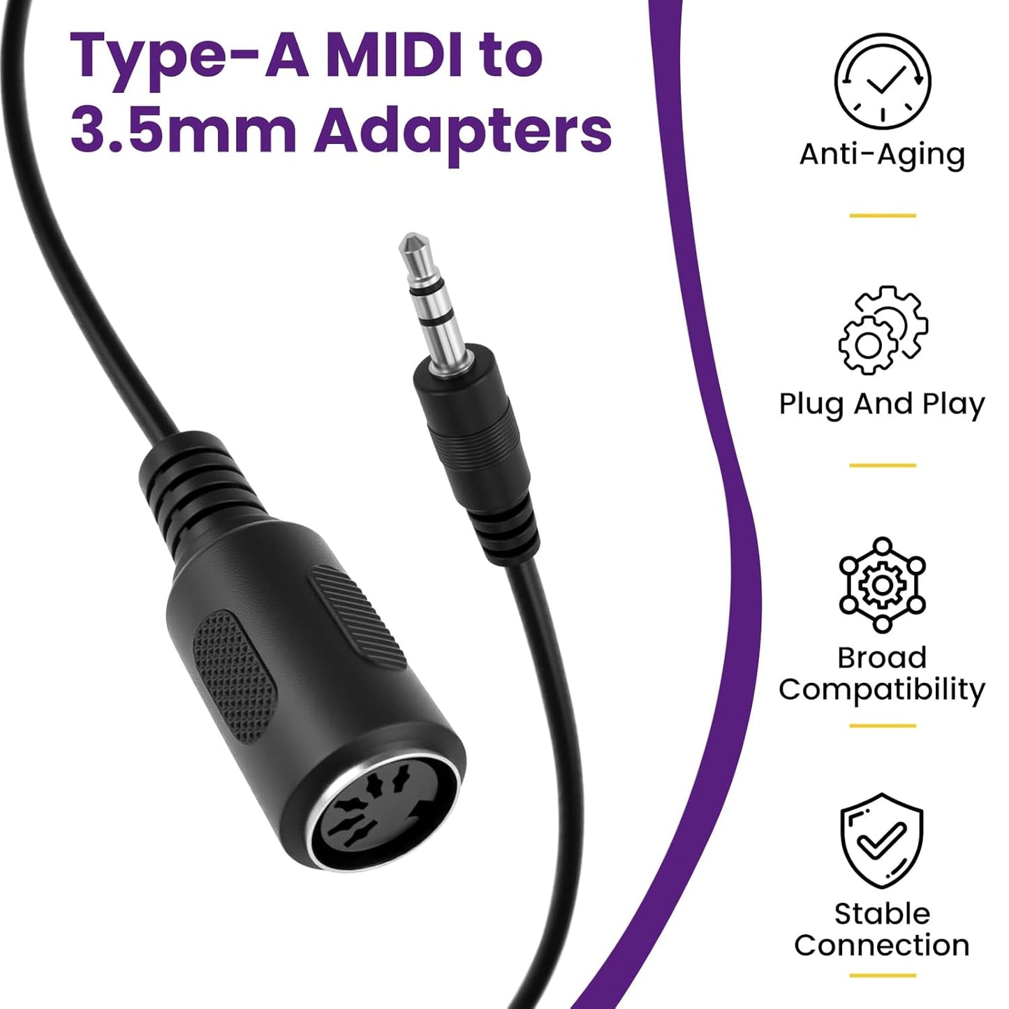 4Pcs Type-A MIDI to 3.5mm Adapter | Include 14" & 6" TRS 3.5mm Male to MIDI Female 5 Pin DIN Breakout Cable | Ultra-Compact Plug | for Synths Keyboards DAWs
