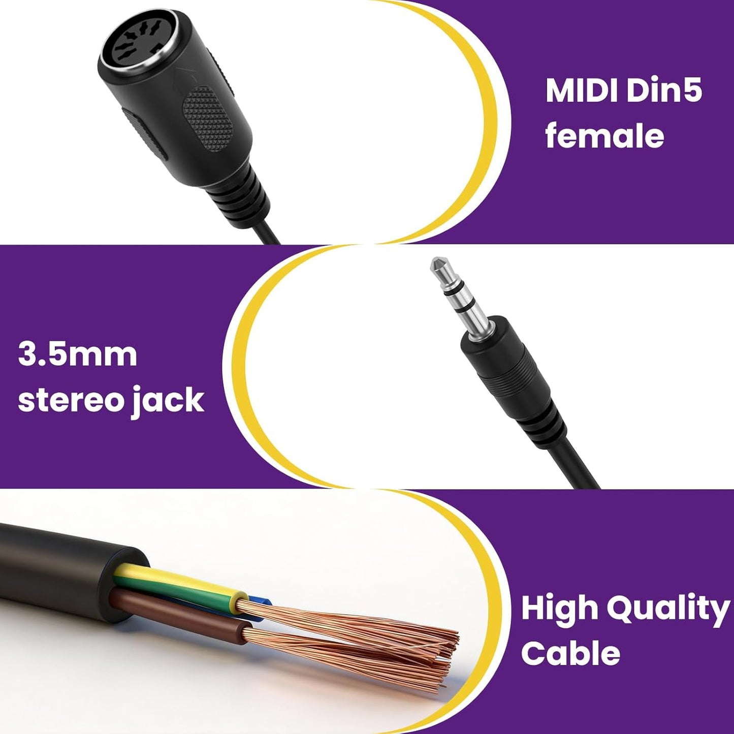 4Pcs Type-A MIDI to 3.5mm Adapter | Include 14" & 6" TRS 3.5mm Male to MIDI Female 5 Pin DIN Breakout Cable | Ultra-Compact Plug | for Synths Keyboards DAWs