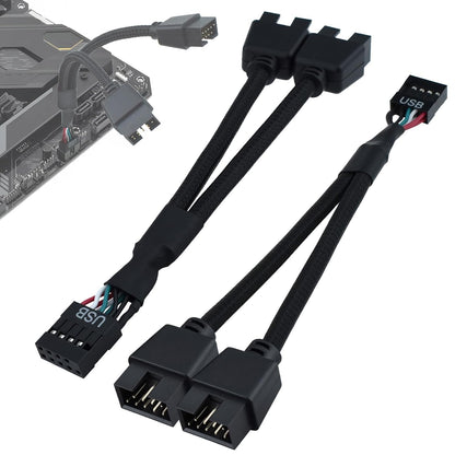 2Pcs Motherboard 9 Pin USB 2.0 to Dual 9 Pin Extension Splitter, USB 2.0 Header Splitter Nylon Braided Cable for PC Computer Internal Motherboard USB Hub, Black
