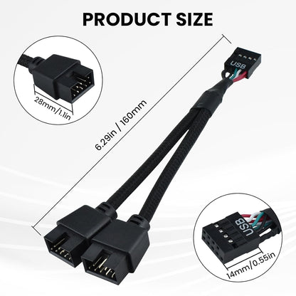 2Pcs Motherboard 9 Pin USB 2.0 to Dual 9 Pin Extension Splitter, USB 2.0 Header Splitter Nylon Braided Cable for PC Computer Internal Motherboard USB Hub, Black