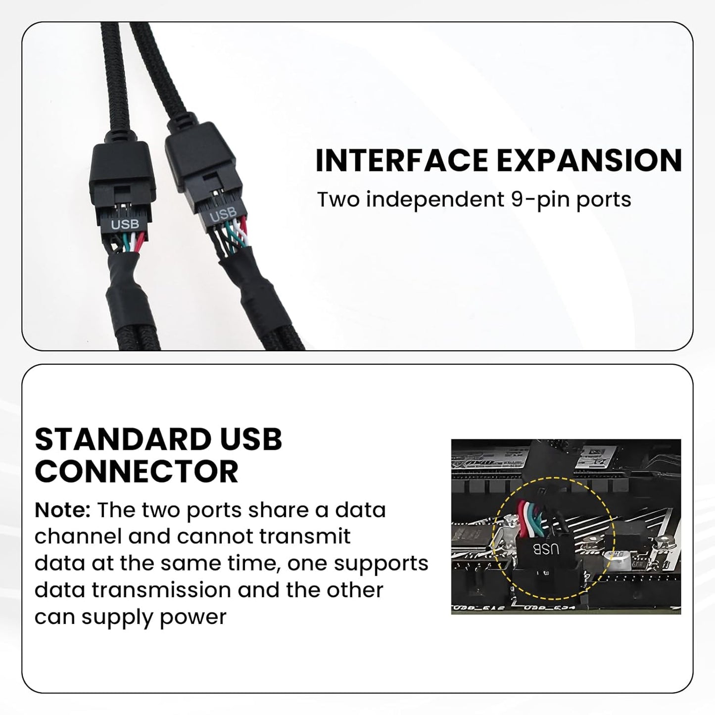 2Pcs Motherboard 9 Pin USB 2.0 to Dual 9 Pin Extension Splitter, USB 2.0 Header Splitter Nylon Braided Cable for PC Computer Internal Motherboard USB Hub, Black