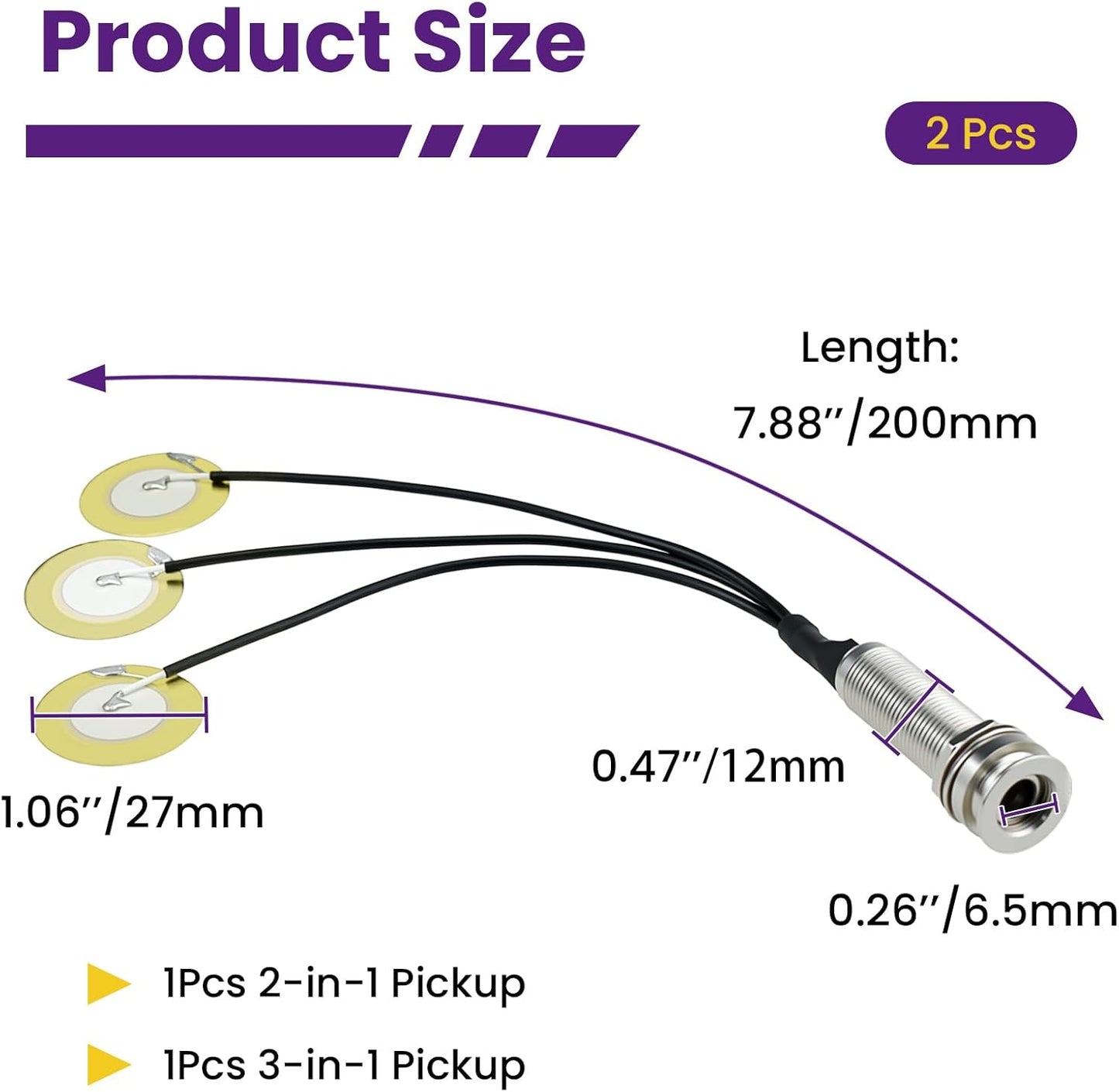 2 Pcs Piezo Pickups Transducer | 3-in-1 & 2-in-1 Pickup Combo | Self-Adhesive Piezo System | Acoustic Guitar, Violin, Ukulele & Cello