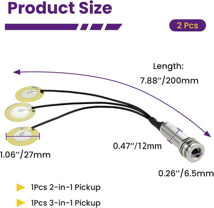 2 Pcs Piezo Pickups Transducer | 3-in-1 & 2-in-1 Pickup Combo | Self-Adhesive Piezo System | Acoustic Guitar, Violin, Ukulele & Cello