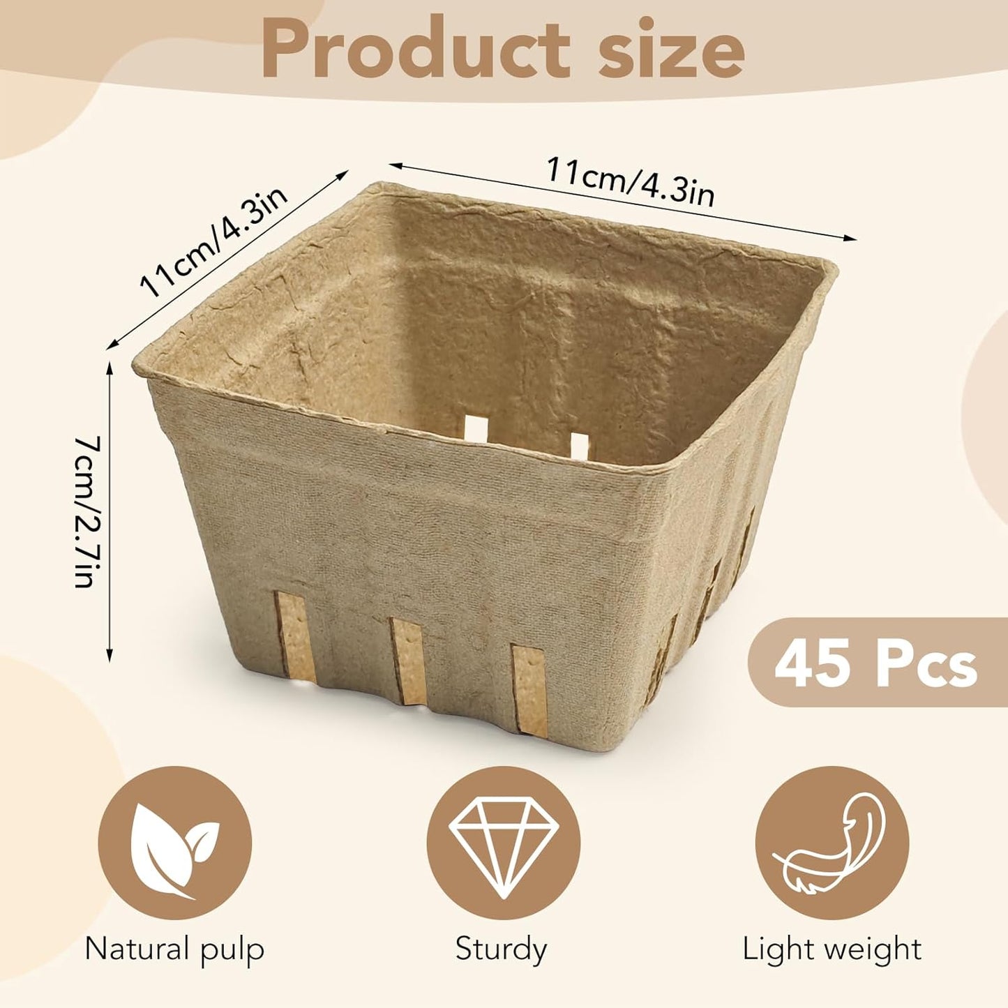 45 Pack Natural Pulp Fiber Berry Baskets, 4.3x4.3x2.7 Inch Molded Produce Vented Basket Fruit Tray for Strawberry Blueberry Raspberry Fruit Vegetable Farmer Market Grocery