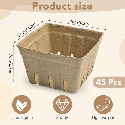 45 Pack Natural Pulp Fiber Berry Baskets, 4.3x4.3x2.7 Inch Molded Produce Vented Basket Fruit Tray for Strawberry Blueberry Raspberry Fruit Vegetable Farmer Market Grocery
