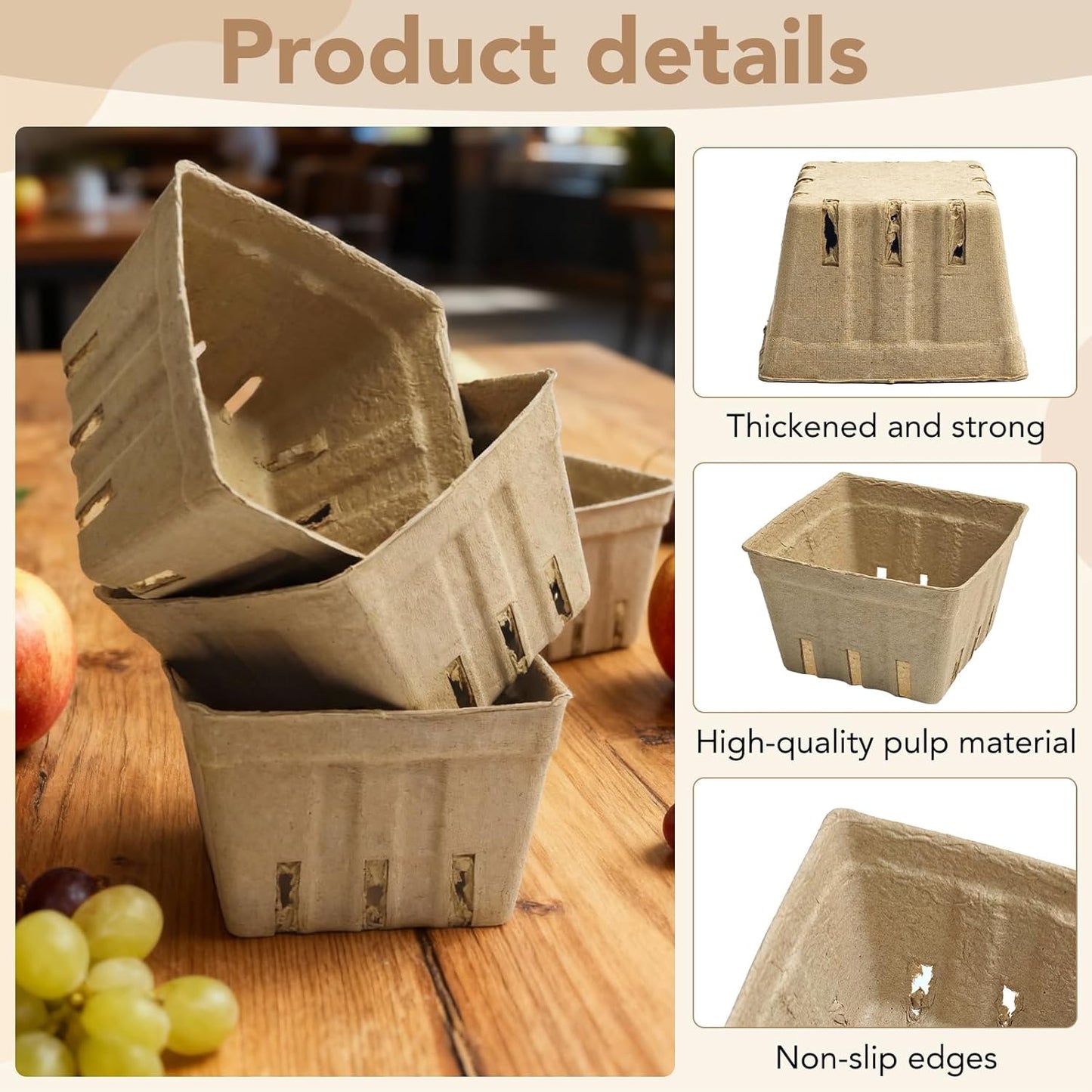 45 Pack Natural Pulp Fiber Berry Baskets, 4.3x4.3x2.7 Inch Molded Produce Vented Basket Fruit Tray for Strawberry Blueberry Raspberry Fruit Vegetable Farmer Market Grocery