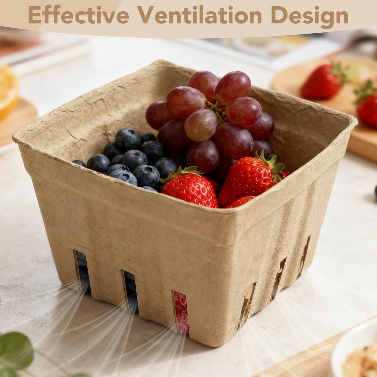 45 Pack Natural Pulp Fiber Berry Baskets, 4.3x4.3x2.7 Inch Molded Produce Vented Basket Fruit Tray for Strawberry Blueberry Raspberry Fruit Vegetable Farmer Market Grocery