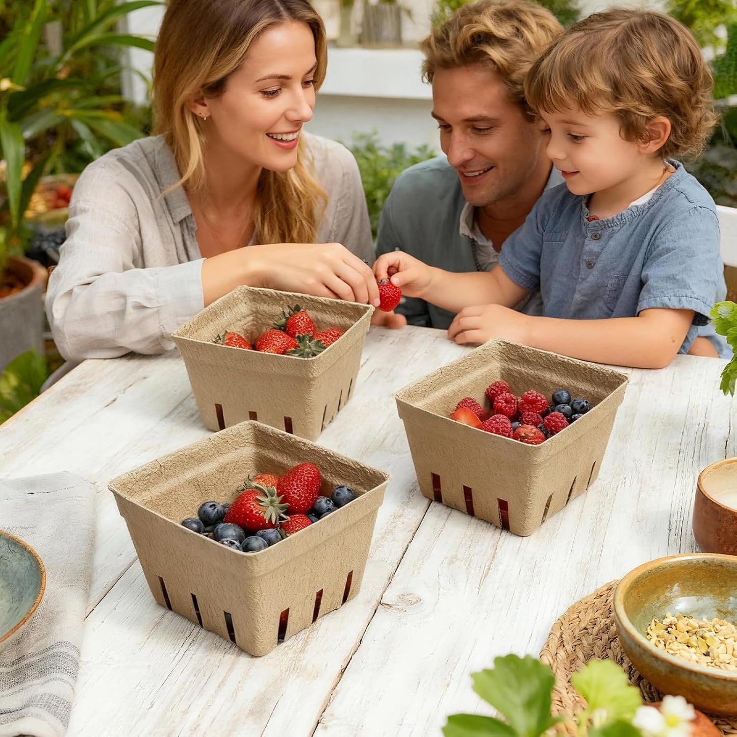45 Pack Natural Pulp Fiber Berry Baskets, 4.3x4.3x2.7 Inch Molded Produce Vented Basket Fruit Tray for Strawberry Blueberry Raspberry Fruit Vegetable Farmer Market Grocery