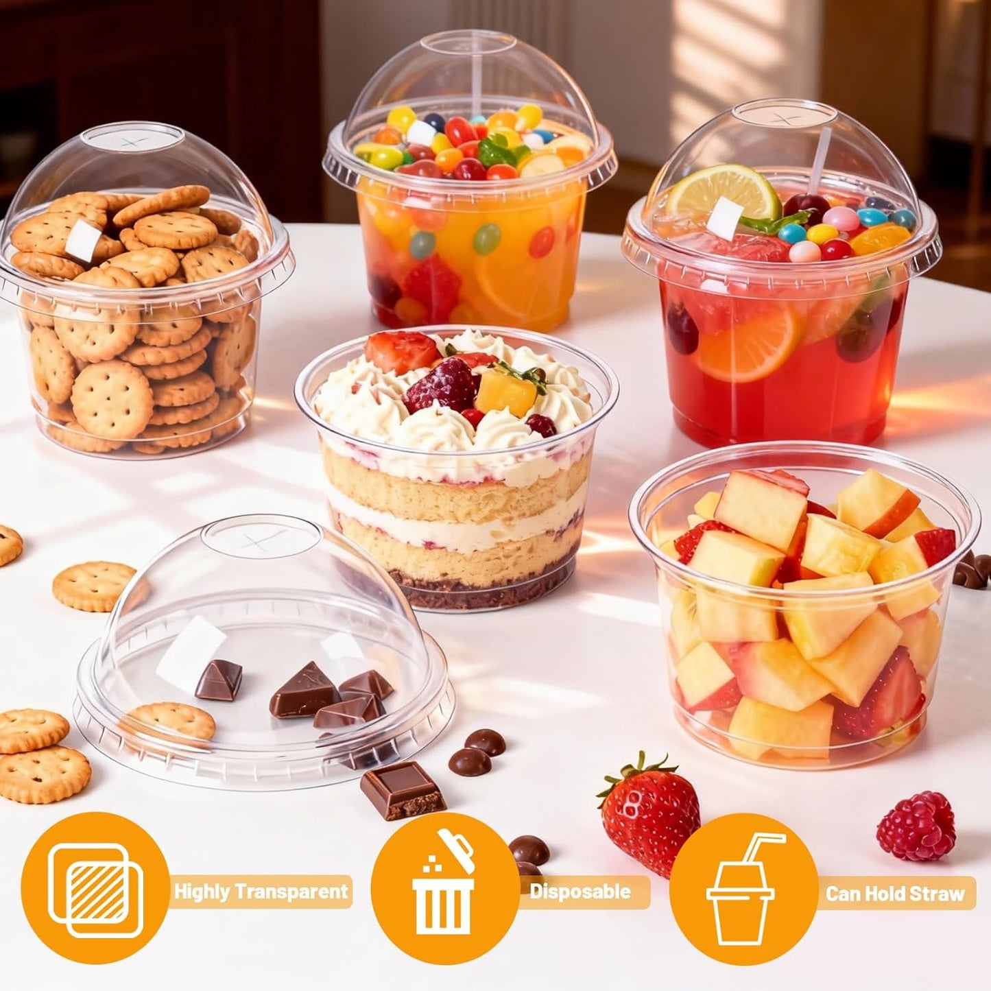 50 Sets 8oz Clear Plastic Cups with Dome Lids, Dessert Cups with Lids for Fruit, Parfait, Pudding, Yogurt, Ice Cream, Cake (Hole in the Lid)