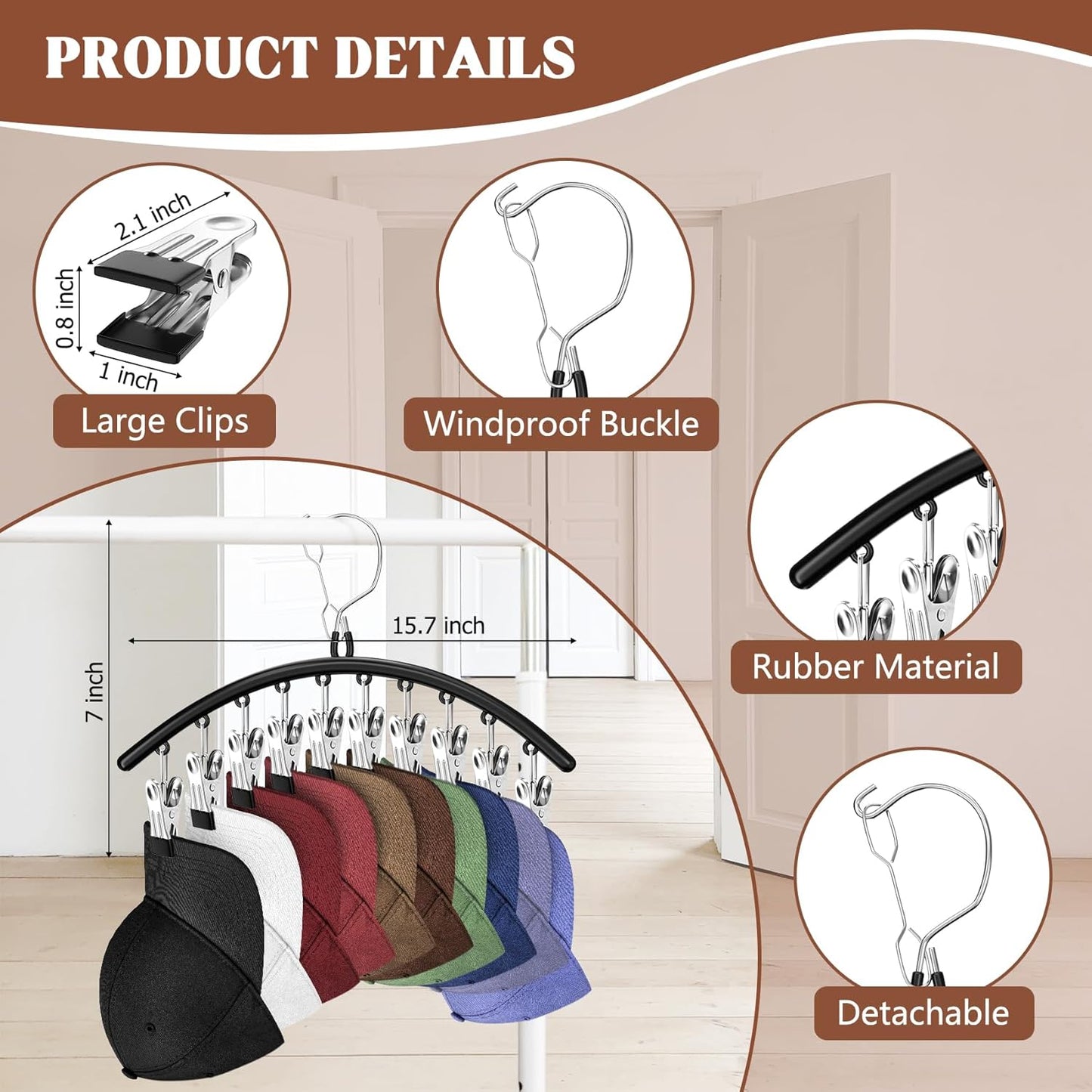 3 Pack Hat Hangers for Closet Display, Metal Hat Organizer for Baseball Caps with 30 Clips, Hats Rack Holder for Closet, Hats Storage for Baseball Caps Beanie Accessories Men Women, Black