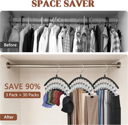 3 Pack Hat Hangers for Closet Display, Metal Hat Organizer for Baseball Caps with 30 Clips, Hats Rack Holder for Closet, Hats Storage for Baseball Caps Beanie Accessories Men Women, Black