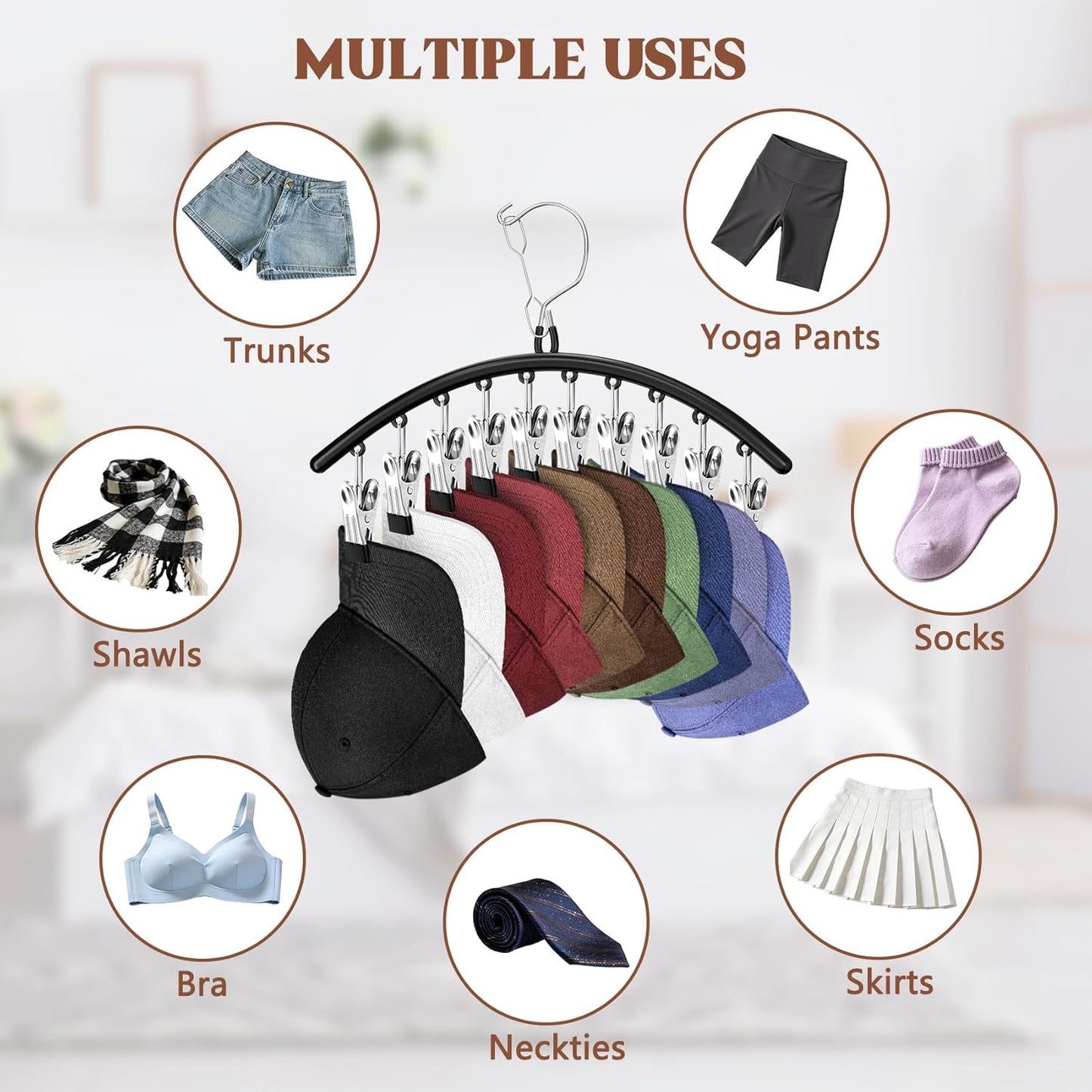 3 Pack Hat Hangers for Closet Display, Metal Hat Organizer for Baseball Caps with 30 Clips, Hats Rack Holder for Closet, Hats Storage for Baseball Caps Beanie Accessories Men Women, Black