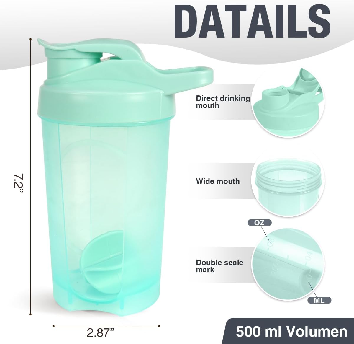 16oz Shaker Bottle, Leak Proof Sports Shaker for Protein Shakes, Pre Workout & Travel, BPA Free, Green, 16oz/500ml