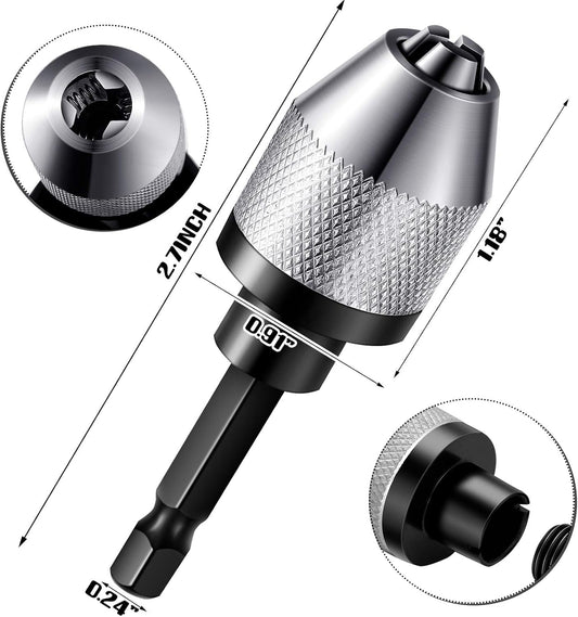 Keyless Drill Chuck Bit 1/4 Inch Hex Shank Keyless Drill Chuck Fast Change Converter Extension Screwdriver Adapter in 0.3-6.5 Mm, 0.3-3.6 mm for Tool Attachment(2 Pieces)