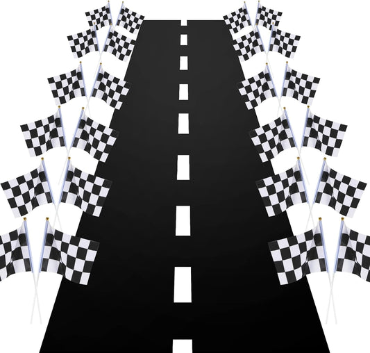 Race Car Party Decorations Racetrack Floor Runner 13 ft Road Track with 12 Checkered Racing Flags Birthday Party Supplies Racing Theme Entrance Decoration
