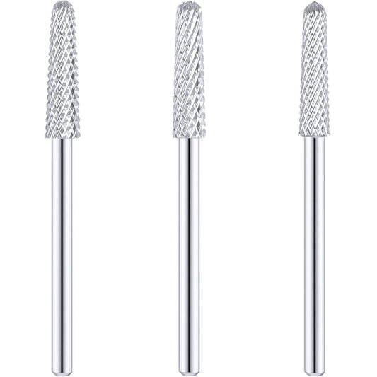 3 Pieces Nail Drill Bits Cone Shape Carbide Nail Drill Bits for Manicure Pedicure Tools Machine, 3/32 Inch Shank Size, Grit Size XF, F, M (Silver)